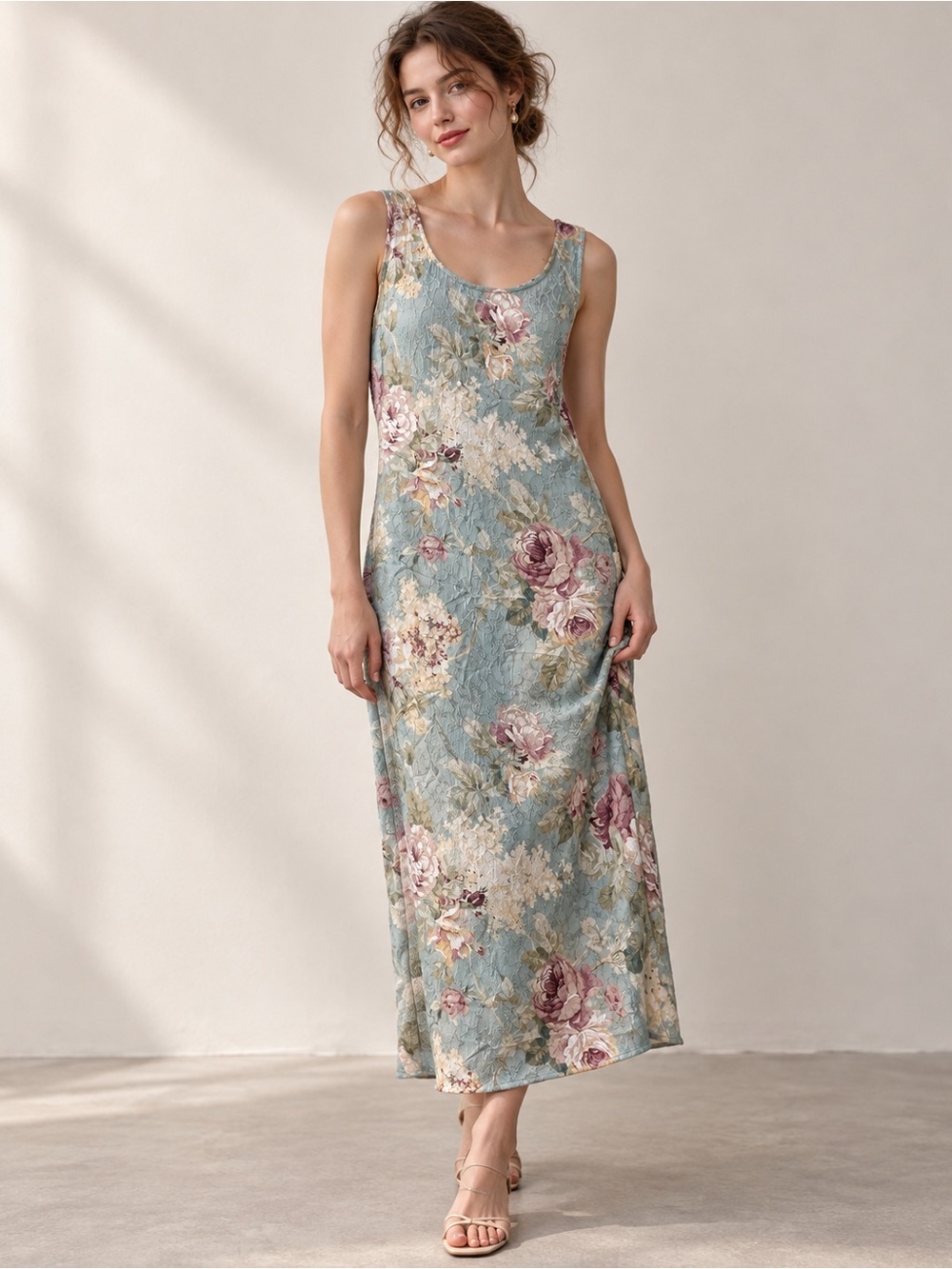 K Studio Collection Floral Textured Midi Dress Size 14 Sage Blue Cottagecore